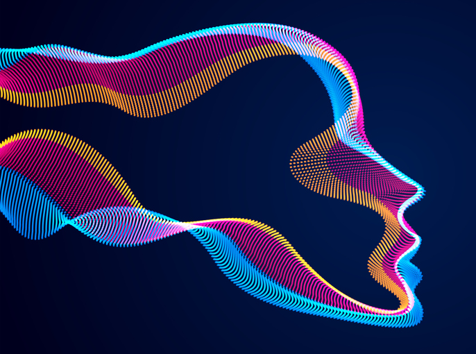 Technological time Spirit vector visualization in shape of human head made of dotted particles array flow in curve shapes, vector futuristic illustration.