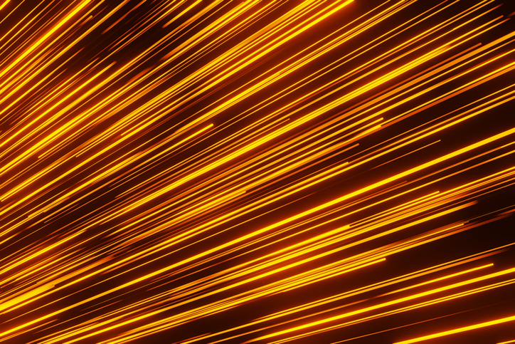 Brightly glowing orange rays shooting diagonally across the screen. Illustration as a background for technological and scientific topics