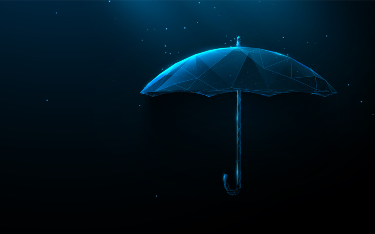 Futuristic Digital Umbrella in Low Poly Wireframe Style on Dark Background
